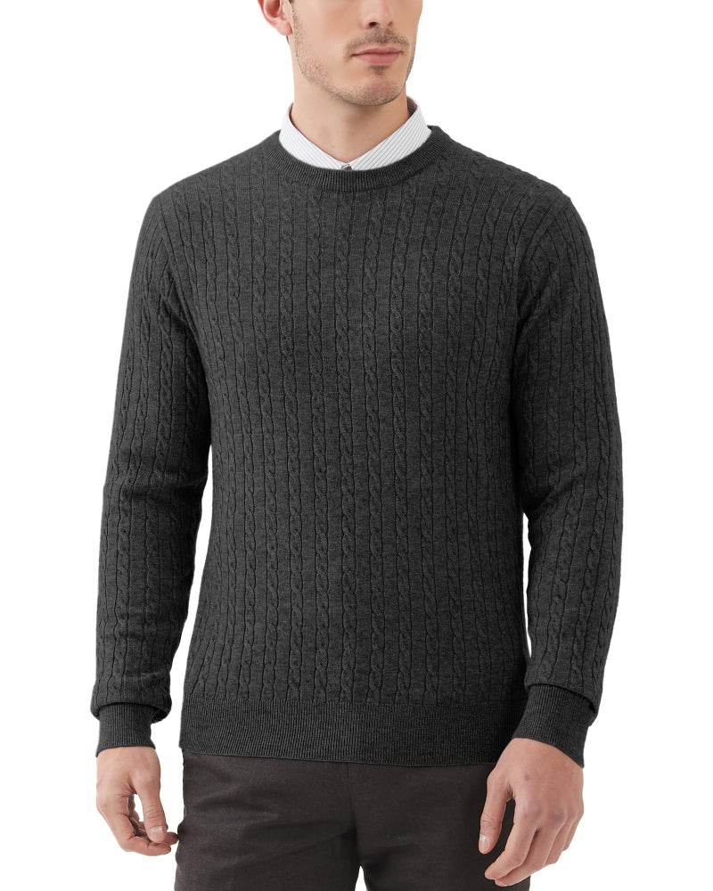 Kallspin Men's Cable Knit Crewneck Sweater Pullovers Wool Blend Relax Fit Knitwear (Charcoal, Large) - Image 1